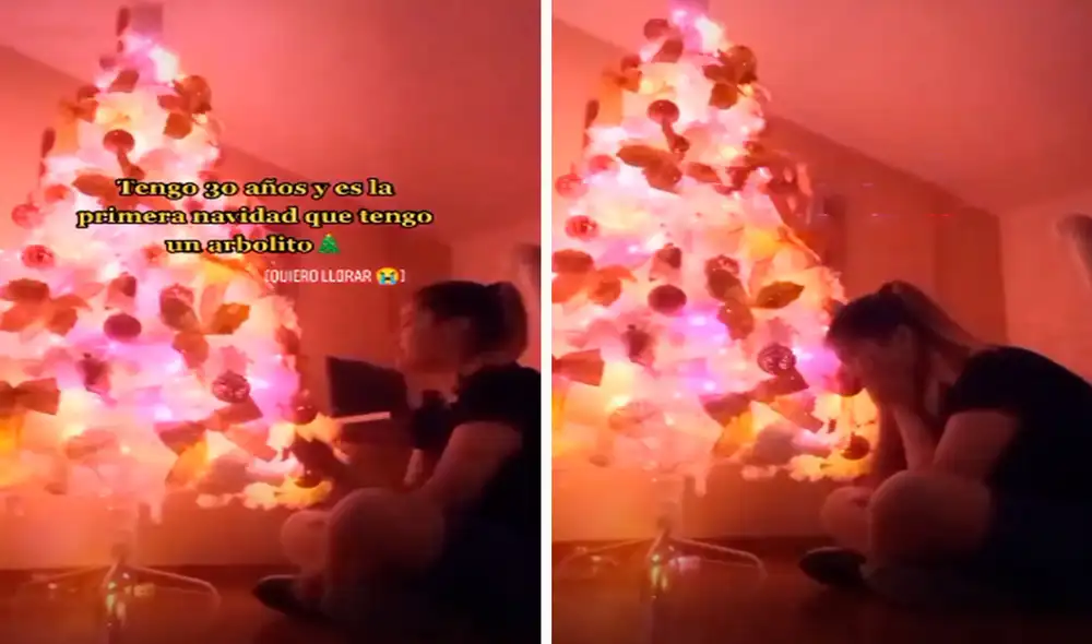 La madre se sentó en su sala para apreciar su primer árbol de Navidad; sin embargo, no pudo contener su emoción. Foto: captura de YouTube La madre se sentó en su sala para apreciar su primer árbol de Navidad; sin embargo, no pudo contener su emoción. Foto: captura de YouTube