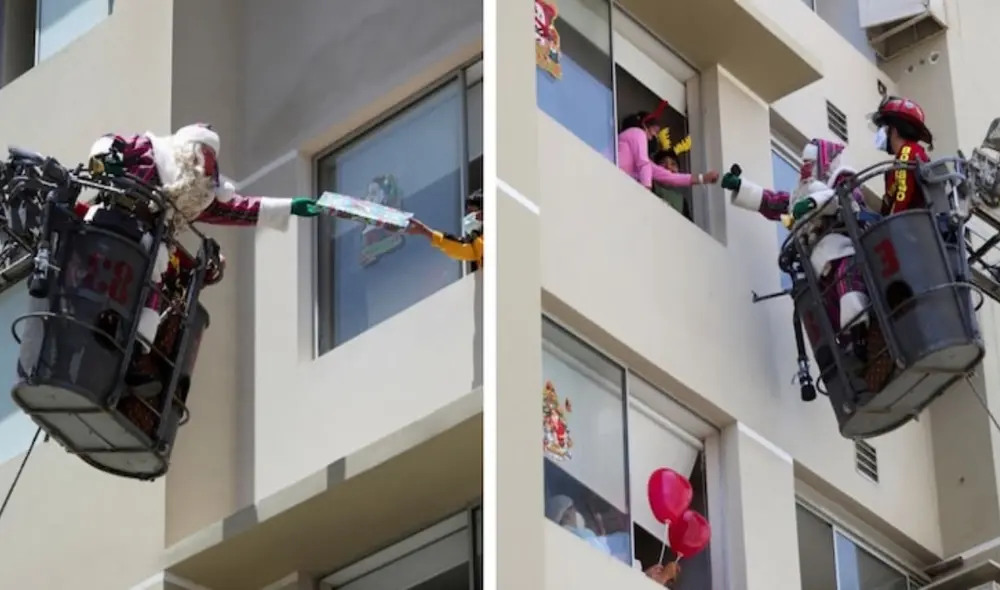 Papá Noel sube camión de bomberos para dar regalos a niños que luchan contra la Covid-19. Foto: captura de Facebook.