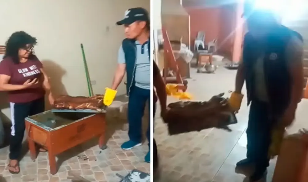 Una pareja se animó a bailar mientras llevaban una bandeja con el chancho recién cocinado; sin embargo, sufrió un incidente. Foto: captura de YouTube
