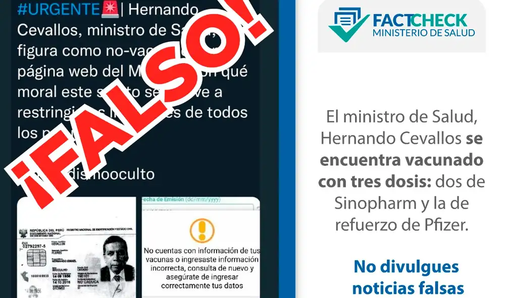El Minsa detalló que Cevallos Flores recibió dos dosis de Sinopharm y una de Pfizer. Foto: Minsa El Minsa detalló que Cevallos Flores recibió dos dosis de Sinopharm y una de Pfizer. Foto: Minsa