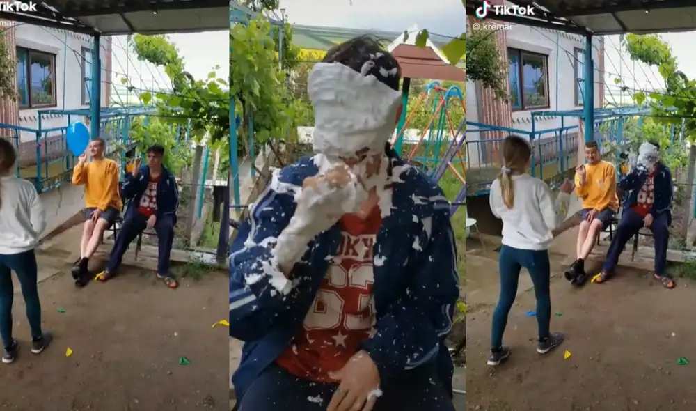Los jóvenes jugaron con globos para engañar a uno de sus amigos y así mancharlo con una espuma blanca. Foto: captura de TikTok Los jóvenes jugaron con globos para engañar a uno de sus amigos y así mancharlo con una espuma blanca. Foto: captura de TikTok