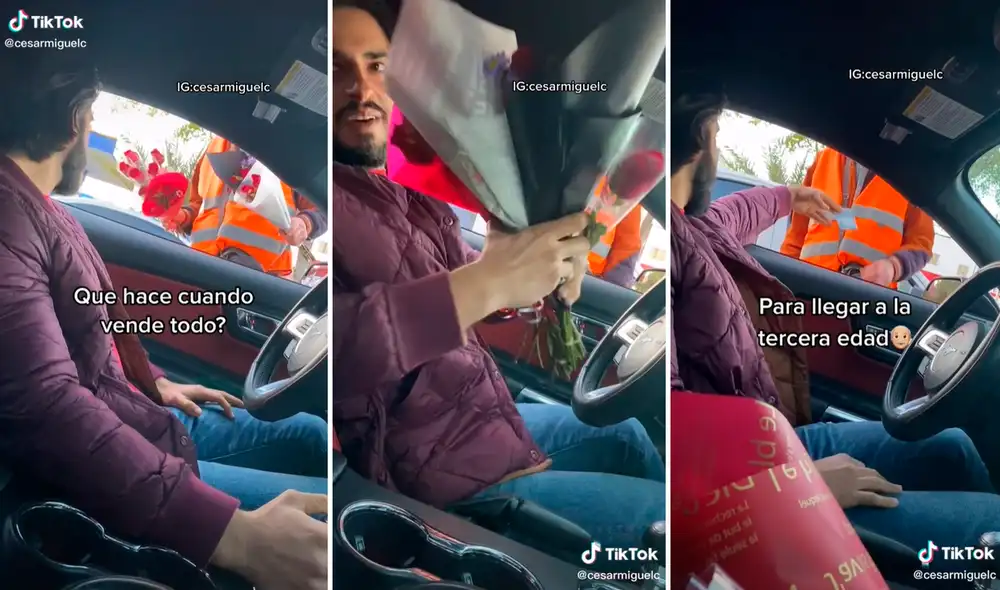 Un joven vio a un vendedor de rosas ambulante y le preguntó qué hacía después de vender todos sus productos. Foto: captura de TikTok
