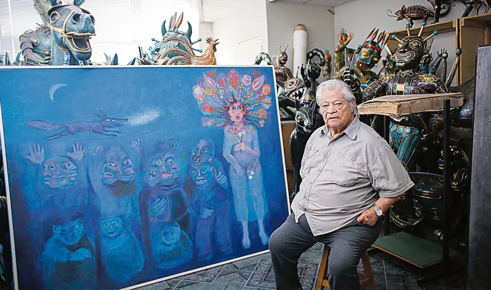 El creador. Alberto Quintanilla en su taller de Jesús María junto a sus lienzos y sus demonios de metal, madera, cartón, inspirados en mitos peruanos. Foto: Antonio Melgarejo / La República El creador. Alberto Quintanilla en su taller de Jesús María junto a sus lienzos y sus demonios de metal, madera, cartón, inspirados en mitos peruanos. Foto: Antonio Melgarejo / La República