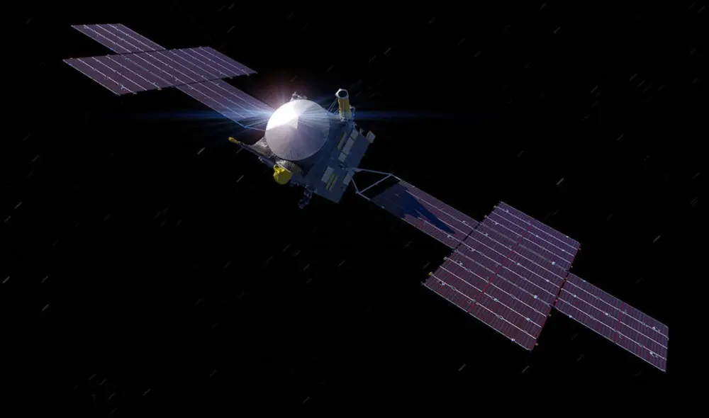 Una ilustración creada en marzo de 2021 en donde se aprecia la nave espacial Psyche de la NASA. Foto: NASA/JPL-Caltech/ASU