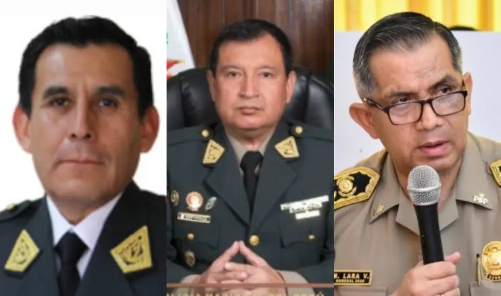 El general PNP Ángel Toledo Palomino, el general PNP Williams Espinoza Vivanco y el general PNP Marcos Lara Vergara. Foto: composición/difusión El general PNP Ángel Toledo Palomino, el general PNP Williams Espinoza Vivanco y el general PNP Marcos Lara Vergara. Foto: composición/difusión