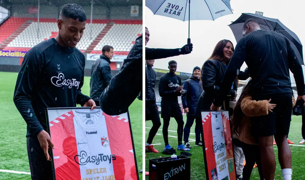 Miguel Araujo recibe reconocimiento del FC Emmen como el mejor jugador del año 2021. Foto: FC Emmen/composición Miguel Araujo recibe reconocimiento del FC Emmen como el mejor jugador del año 2021. Foto: FC Emmen/composición