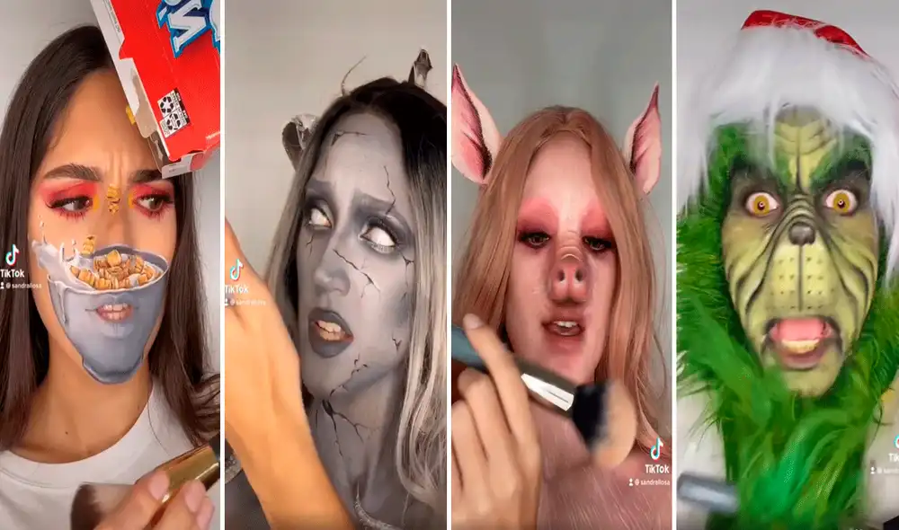 Sandra puede convertir un sencillo rostro en un unicornio, el Grinch, o una cerdita gracias al maquillaje y su gran creatividad. Foto: captura de TikTok