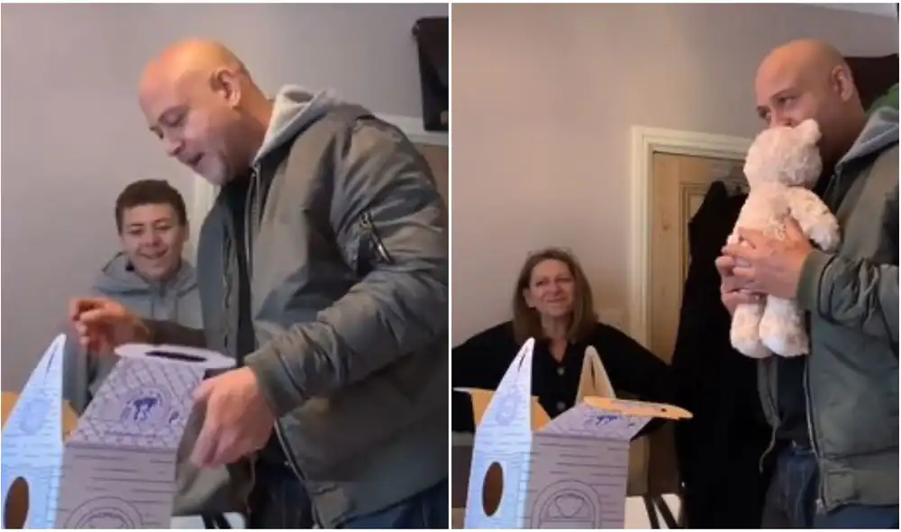 Hombre se emociona al recibir un oso de peluche que reproduce la voz de su difunta madre. Foto: captura de TikTok.