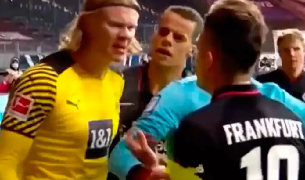 Erling Haaland discute en español con futbolista colombiano Santos Borré durante el Frankfurt-Dortmund. Foto: captura ESPN Erling Haaland discute en español con futbolista colombiano Santos Borré durante el Frankfurt-Dortmund. Foto: captura ESPN