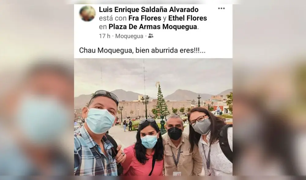 En la foto que acompaña la publicación aparecen Saldaña Alvarado, a su costado Francis Flores, coordinadora de Prensa de la PCM, camarógrafo de TV Perú y una cuarta colaboradora. Foto: Facebook de Saldaña En la foto que acompaña la publicación aparecen Saldaña Alvarado, a su costado Francis Flores, coordinadora de Prensa de la PCM, camarógrafo de TV Perú y una cuarta colaboradora. Foto: Facebook de Saldaña