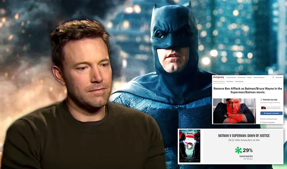 Ben Affleck interpretó al Hombre Murciélago en Batman vs. Superman. La crítica no le dio buenas calificaciones a la película. Foto: captura de Yahoo/Rotten Tomatoes/Change.org