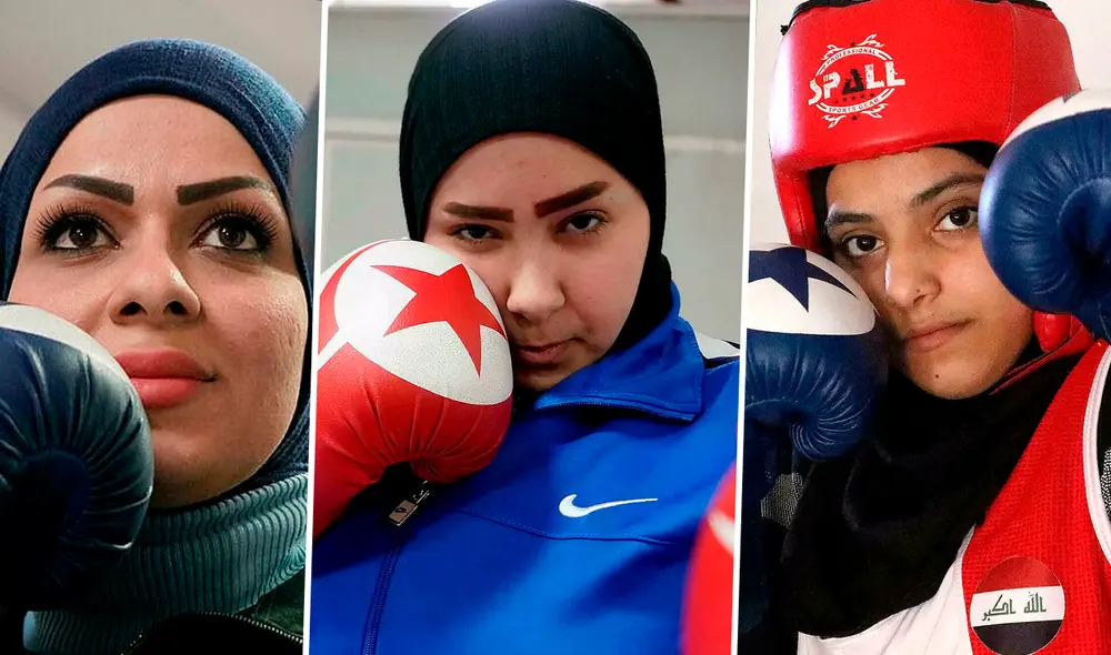 De izquierda a derecha, las deportistas Bushra al Hajar, Ola Mustafá y Hajer Ghazi, tres rostros que enfrentan al machismo desde el boxeo en Irak. Foto: composición LR / Fabrizio Oviedo / AFP De izquierda a derecha, las deportistas Bushra al Hajar, Ola Mustafá y Hajer Ghazi, tres rostros que enfrentan al machismo desde el boxeo en Irak. Foto: composición LR / Fabrizio Oviedo / AFP