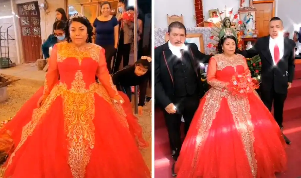 Con un enorme vestido y al ritmo del tradicional vals, una mujer se mostró emocionada por la sorpresa que le hicieron sus nietos. Foto: captura de YouTube Con un enorme vestido y al ritmo del tradicional vals, una mujer se mostró emocionada por la sorpresa que le hicieron sus nietos. Foto: captura de YouTube