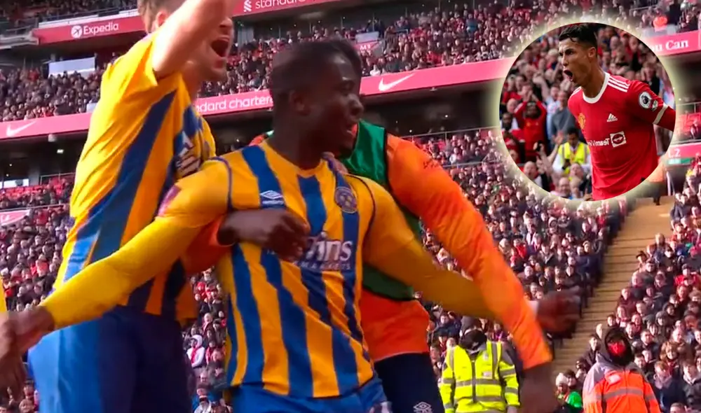 Futbolista de la tercera división inglesa festejó a lo Cristiano en el mismisimo Anfield Road ante el Liverpool. Foto: captura FA Cup/composición