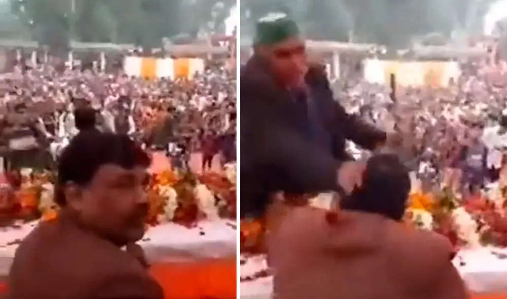 El incidente ocurrió el martes 4 de enero en el estado indio de Uttar Pradesh durante una reunión para celebrar el cumpleaños de su veterano líder, Kalyan Singh. Foto y video: captura - Twitter