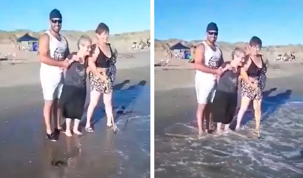 Los integrantes de una familia se unieron para sorprender a la adulta mayor, luego de que la llevaran a escondidas hasta la playa. Foto: captura de YouTube Los integrantes de una familia se unieron para sorprender a la adulta mayor, luego de que la llevaran a escondidas hasta la playa. Foto: captura de YouTube