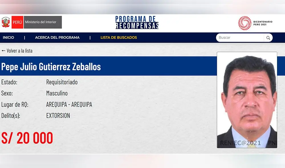 Programa de recompensas del Mininter incluyó a Pepe Julio Gutiérrez Zeballos en Los Más Buscados. Foto: Mininter