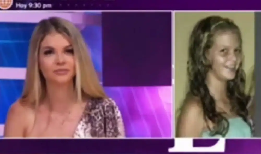 Brunella Horna observa una de sus fotos de niña en Más espectáculos. Foto: captura de América TV