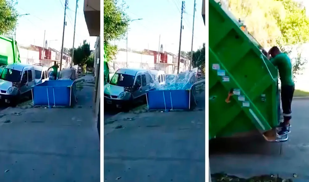 A consecuencia de la ola de calor que azota a Argentina, un recolector de basura no se resistió y se arrojó a una piscina que armaron en la calle. Foto: captura de YouTube