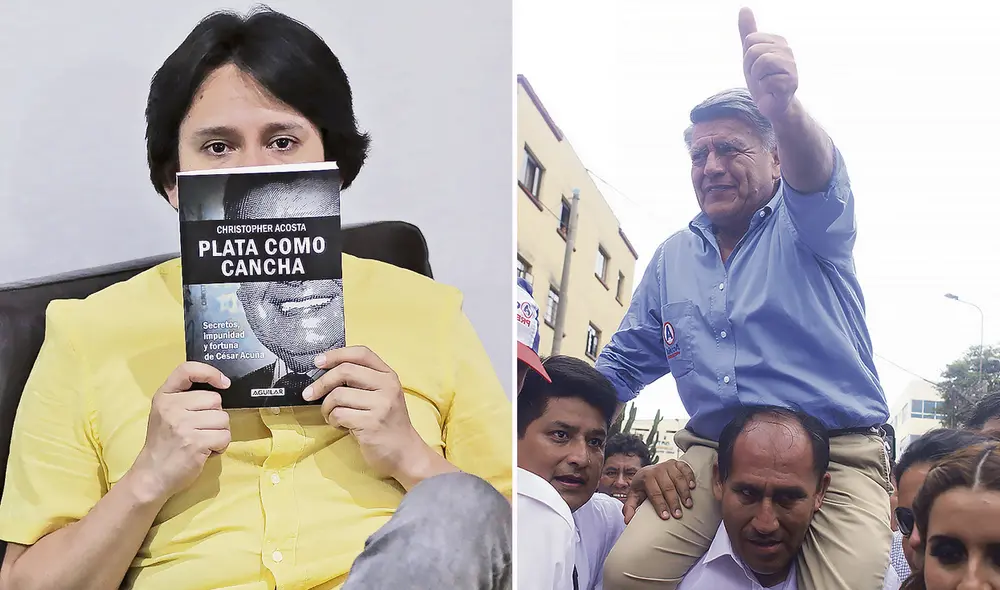 (Izquierda) Acosta con su libro Plata como cancha. (Derecha) Acuña es levantado en hombros por el chofer Enrique Fernández La Rosa, el denunciante arrepentido. Foto: composición La República