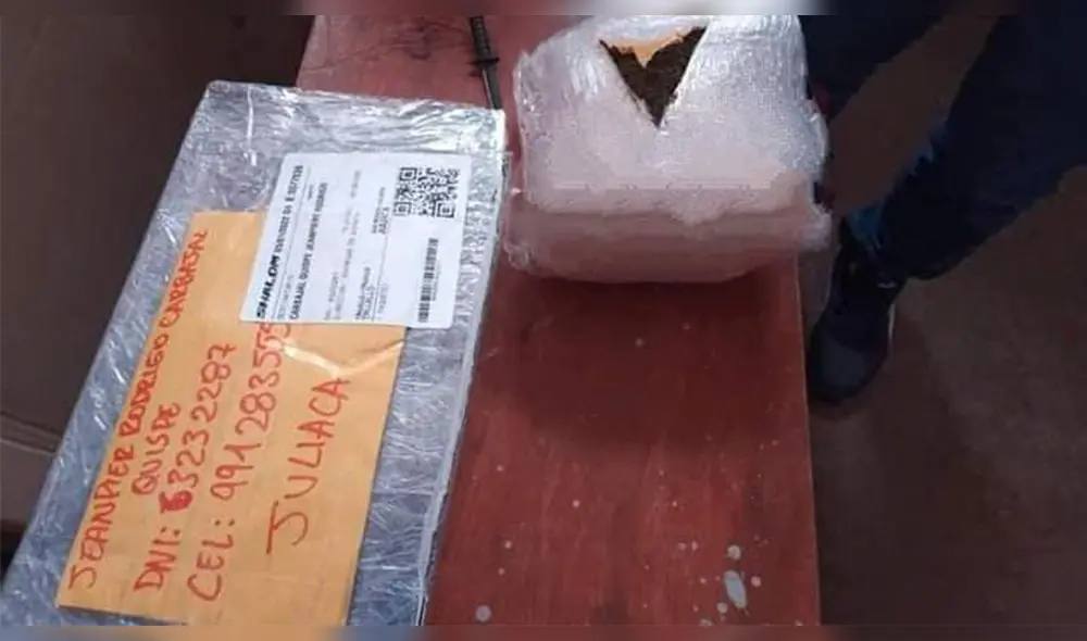 La encomienda ilícita fue trasladada hacia las instalaciones de la Dirandro para continuar con las diligencias de Ley. Foto: PNP La encomienda ilícita fue trasladada hacia las instalaciones de la Dirandro para continuar con las diligencias de Ley. Foto: PNP