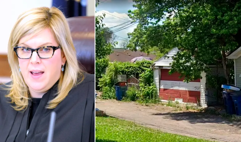 La jueza Alexis G. Krot a la izquierda. Al lado derecho se muestra la imagen de la casa del anciano en 2019, cuando cortaba su césped y antes de enfermar de cáncer. Foto: composición/The Detroit News-GoogleStreet