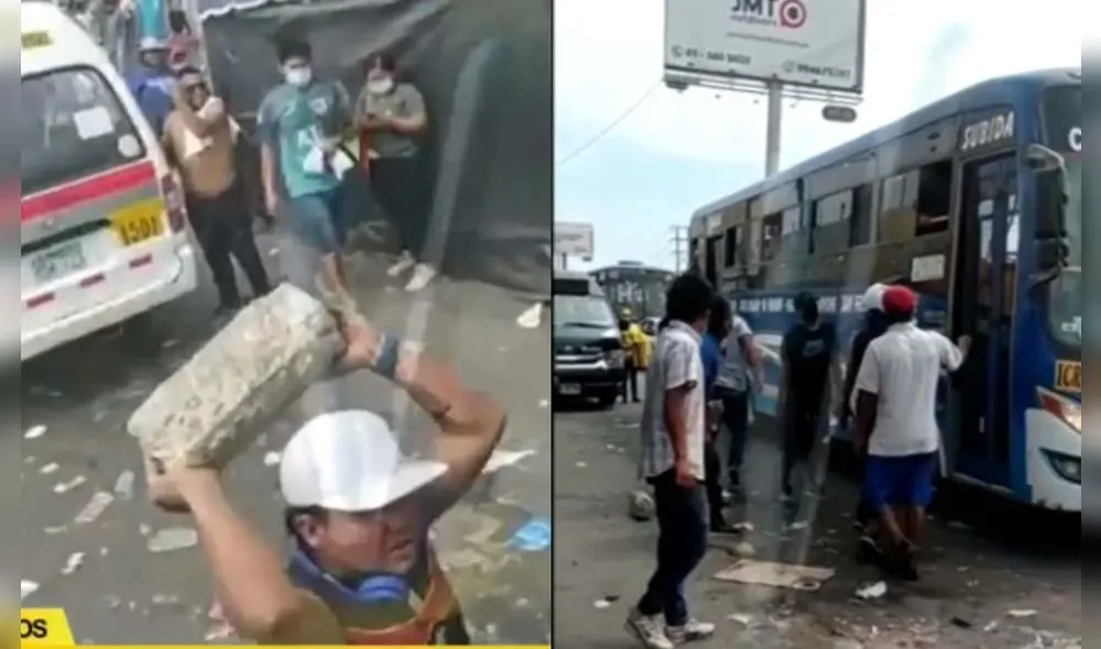 Hombres cargan concreto y piedras para golpear el vehículo. Foto: Canal N