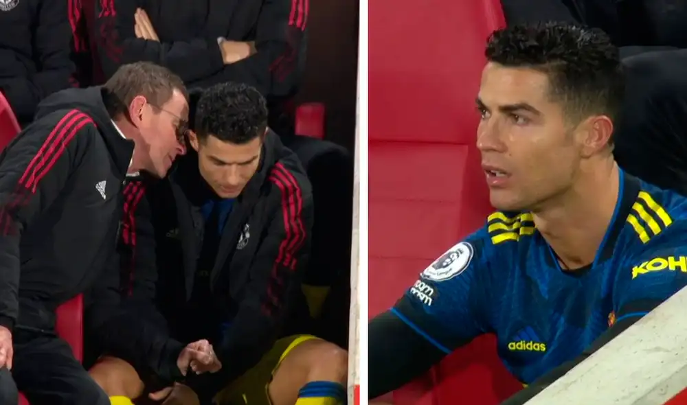 Cristiano Ronaldo expresó su disconformidad al ser reemplazado durante el Manchester United-Brentford. Foto: captura ESPN/composición Cristiano Ronaldo expresó su disconformidad al ser reemplazado durante el Manchester United-Brentford. Foto: captura ESPN/composición
