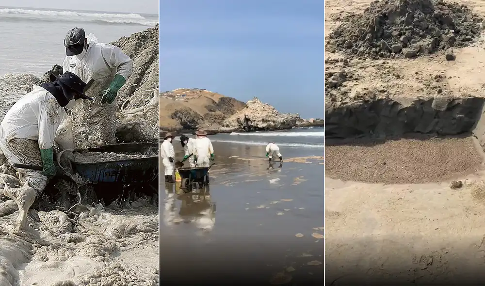 Trabajadores vestidos con mamelucos sacan residuos de petróleo del mar. Foto: Gerardo Marín/La República/Oceana