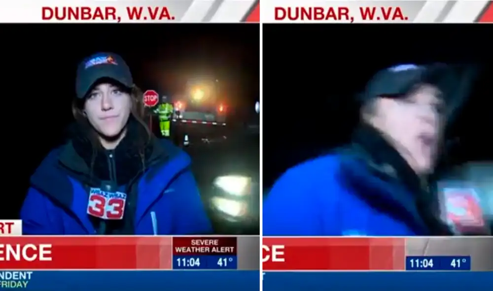 Cuando el presentador del noticiero preguntó a la corresponsal dónde recibió el impacto, no supo que contestar. Foto: captura de video / WSAZ-TV Cuando el presentador del noticiero preguntó a la corresponsal dónde recibió el impacto, no supo que contestar. Foto: captura de video / WSAZ-TV