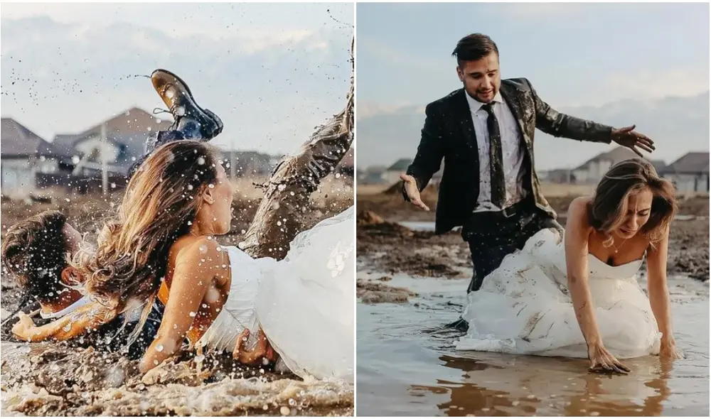 Novios caen accidentalmente en el barro durante la sesión de fotos de su boda. Foto: captura de Instagram. Novios caen accidentalmente en el barro durante la sesión de fotos de su boda. Foto: captura de Instagram.