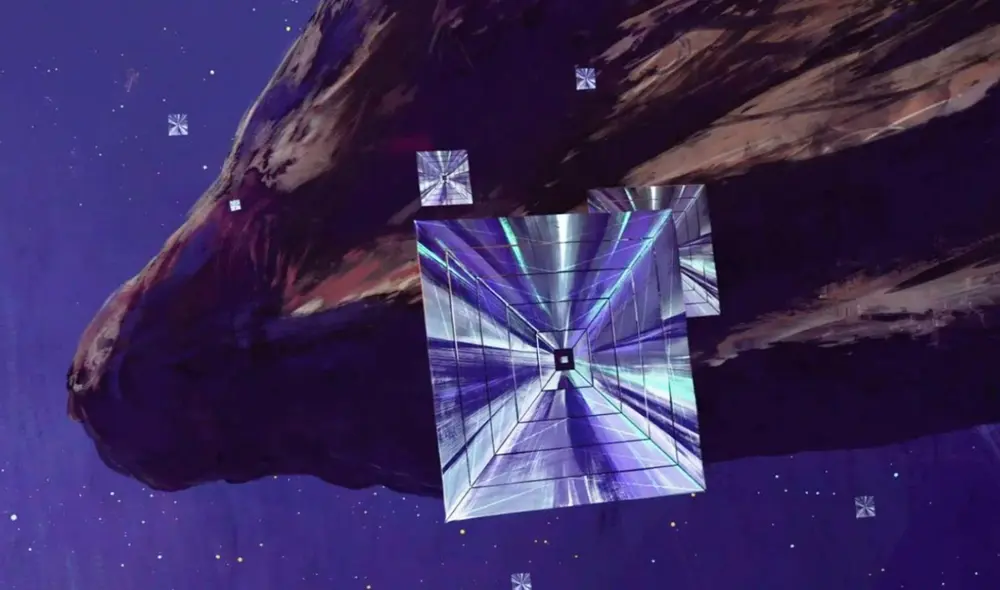 Concepto artístico de las velas solares del proyecto Lyra. De fondo, se ve al Oumuamua. Foto: Lyra Project