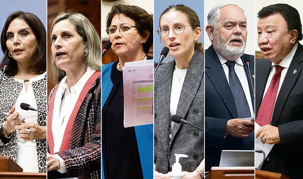 Promotores. Patricia Juárez (FP), Maricarmen Alva (AP), Gladyz Echaíz (APP), Adriana Tudela (AvP), Jorge Montoya (RP) y Enrique Wong (PP) promovieron ley que afecta el referéndum. Foto: composición/ difusión