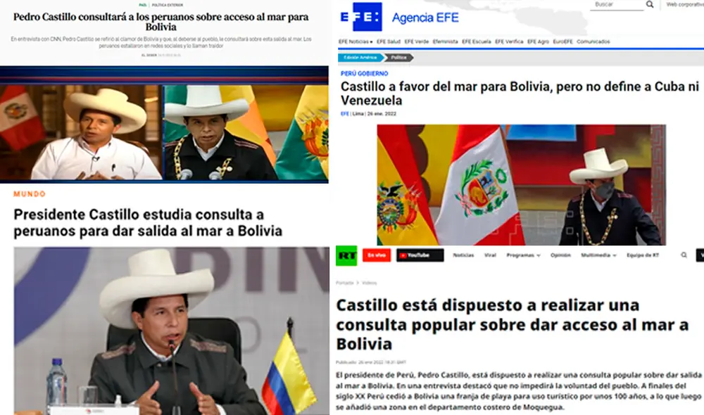 “Si los peruanos están de acuerdo, yo me debo al pueblo, jamás haría cosas que el pueblo no quiera”, manifestó Pedro Castillo. Foto: composición/El Deber/EFE/Infobae/Actualidad RT