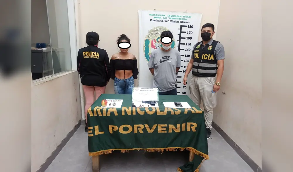Pareja cayó con pistola, pasta básica de cocaína y marihuana. Foto: PNP