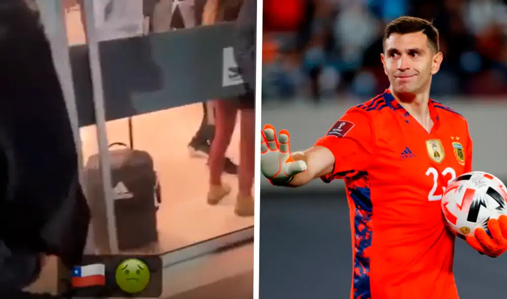 Emiliano 'Dibu' Martínez se mostró fastidiado en el aeropuerto de Calama, Chile. Foto: EFE/Captura Instagram Emiliano Martínez