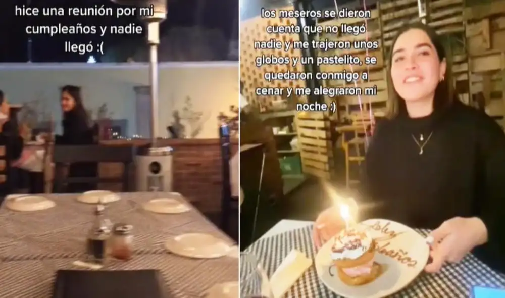 Meseros celebran el cumpleaños de una mujer que fue plantada por sus amigos. Foto: captura de TikTok. Meseros celebran el cumpleaños de una mujer que fue plantada por sus amigos. Foto: captura de TikTok.