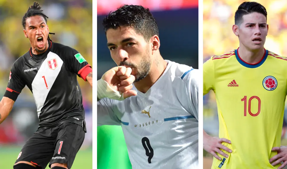 Perú, Uruguay y Colombia pelean por el cuarto puesto rumbo al Mundial Qatar 2022. Foto: AFP/composición Perú, Uruguay y Colombia pelean por el cuarto puesto rumbo al Mundial Qatar 2022. Foto: AFP/composición