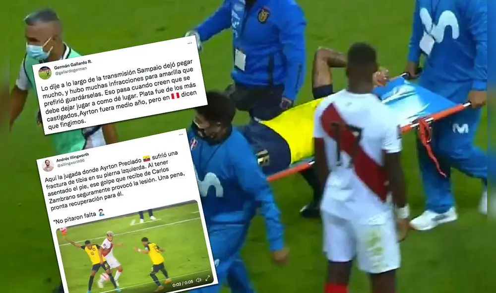 Ayrton Preciado salió lesionado previo al gol de Edison Flores. Foto: captura Movistar Deportes/captura Twitter Germán Gallardo/captura Twitter Andrés Illingworth