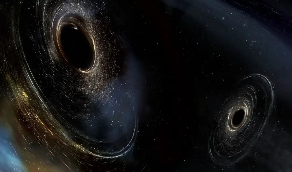 Representación artística de dos agujeros negros a punto de fusionarse. Foto: LIGO