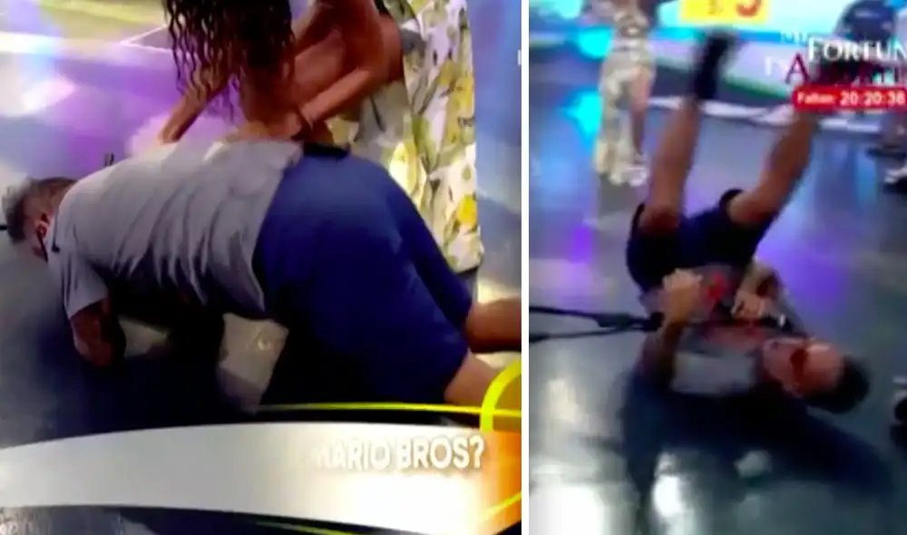 L: Roger del Águila fue socorrido por Thalía Estabridis tras caer en el set de Esto es Habacilar. Foto: captura América TV L: Roger del Águila fue socorrido por Thalía Estabridis tras caer en el set de Esto es Habacilar. Foto: captura América TV