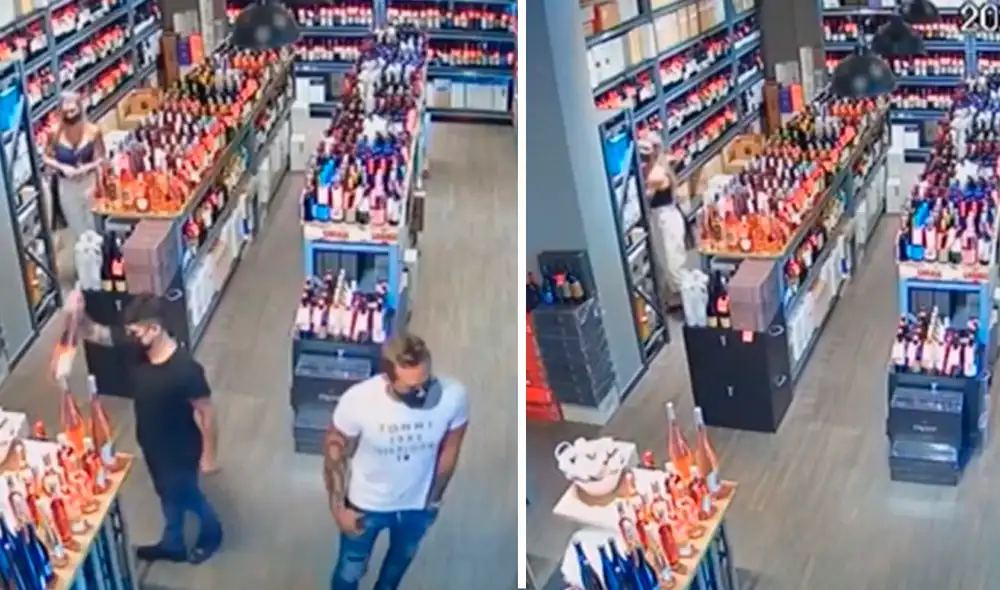 Mientras su novio camina al lado de los empleados, la mujer observa que nadie la mira, toma el frasco de pepinos y lo mete en su bolso. Foto: captura de video / TN