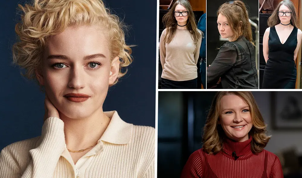 Julia Garner (izquierda) da vida en la ficción a Anna Sorokin, quien fue encarcelada y espera su extradición a Alemania ((derecha). Foto: Composición / Netflix / La República.