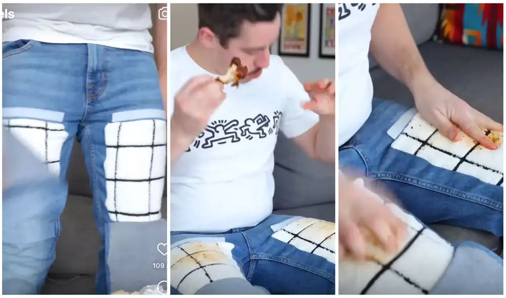Hombre crea jeans que cuenta con una toalla para limpiarse las manos mientras come. Foto: captura de TikTok. Hombre crea jeans que cuenta con una toalla para limpiarse las manos mientras come. Foto: captura de TikTok.