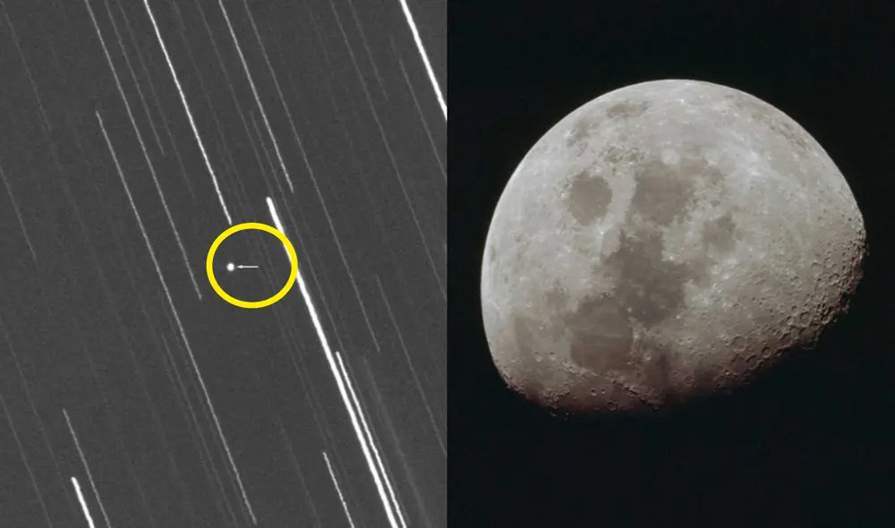 A la izquierda, la etapa superior de Chang'e 5-T1 en su último sobrevuelo a la Tierra, el 8 de febrero de 2022. Foto: composición / Virtual Telescope / NASA