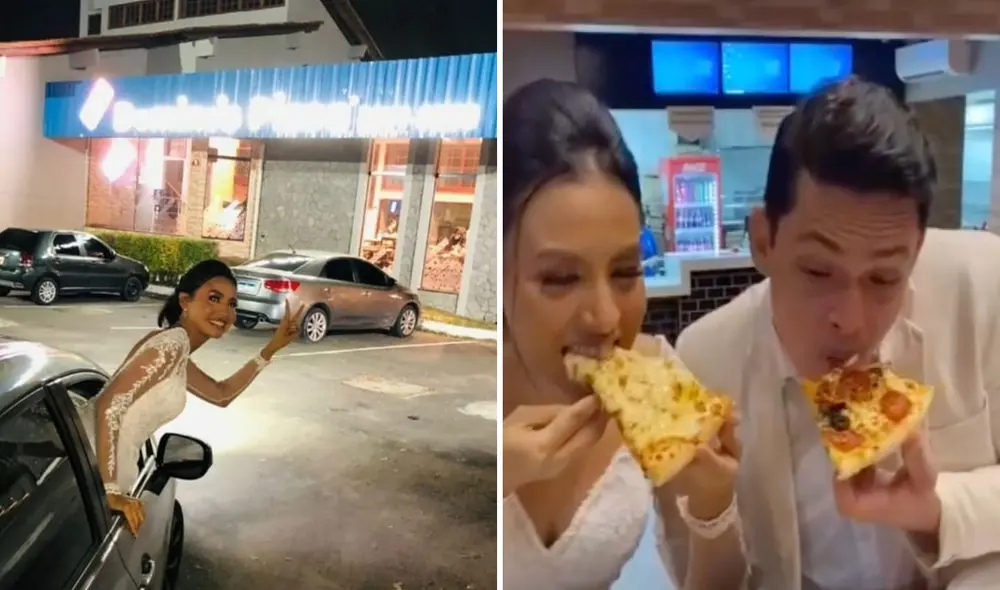 La pareja festejó su matrimonio a su manera y no dejaron de disfrutar de su pizza favorita. Foto: captura de TikTok