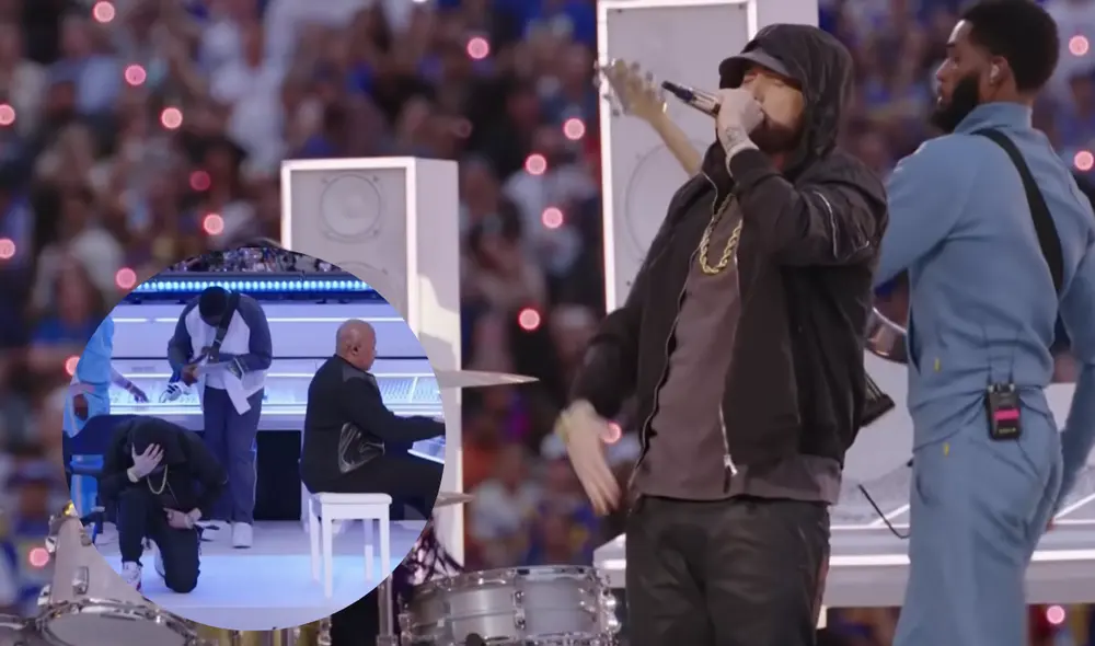 Uno de los momentos que marcó el halftime show fue cuando el rapero se arrodilló al término de su canción rememorando el acto de Colin Kaepernick. Foto: NFL/captura