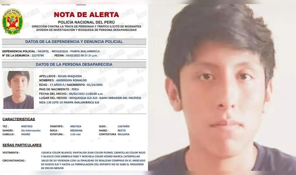 Anderson Ronaldo Rojas Maquera, de 17 años de edad, desapareció el 4 de febrero. Foto: composición LR/difusión