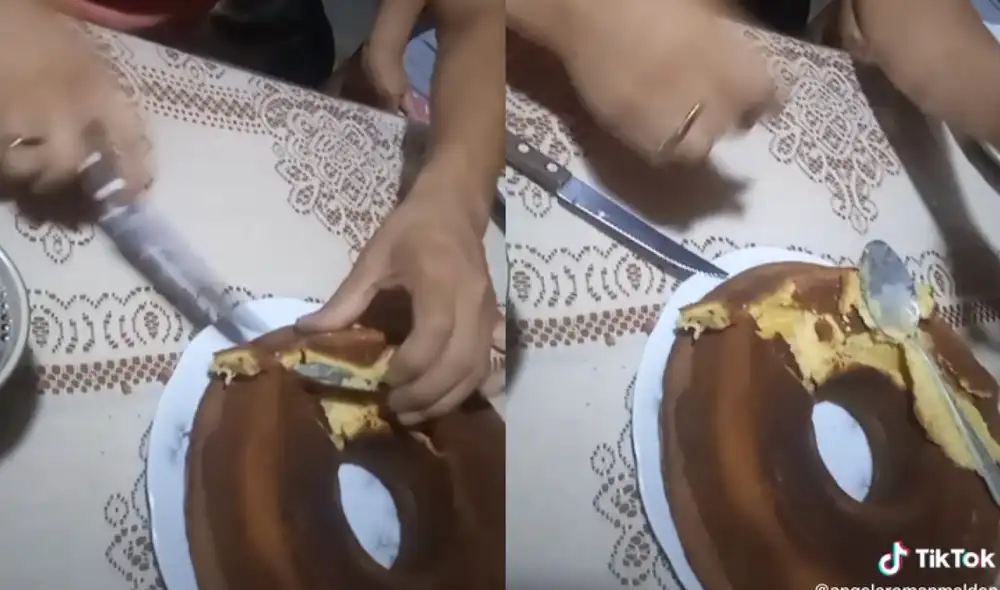 Los familiares quedaron sorprendidos al cortar el queque y encontrar dentro el utensilio de cocina. Foto: captura de TikTok