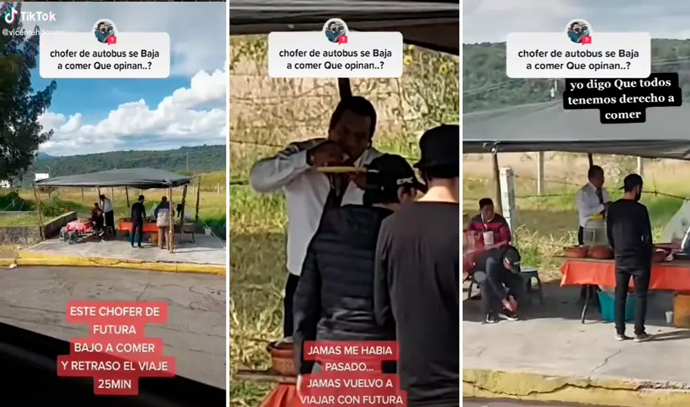 Los pasajeros esperaron alrededor de 25 minutos para que el chofer terminara de degustar sus sabrosos tacos rellenos. Foto: captura de TikTok